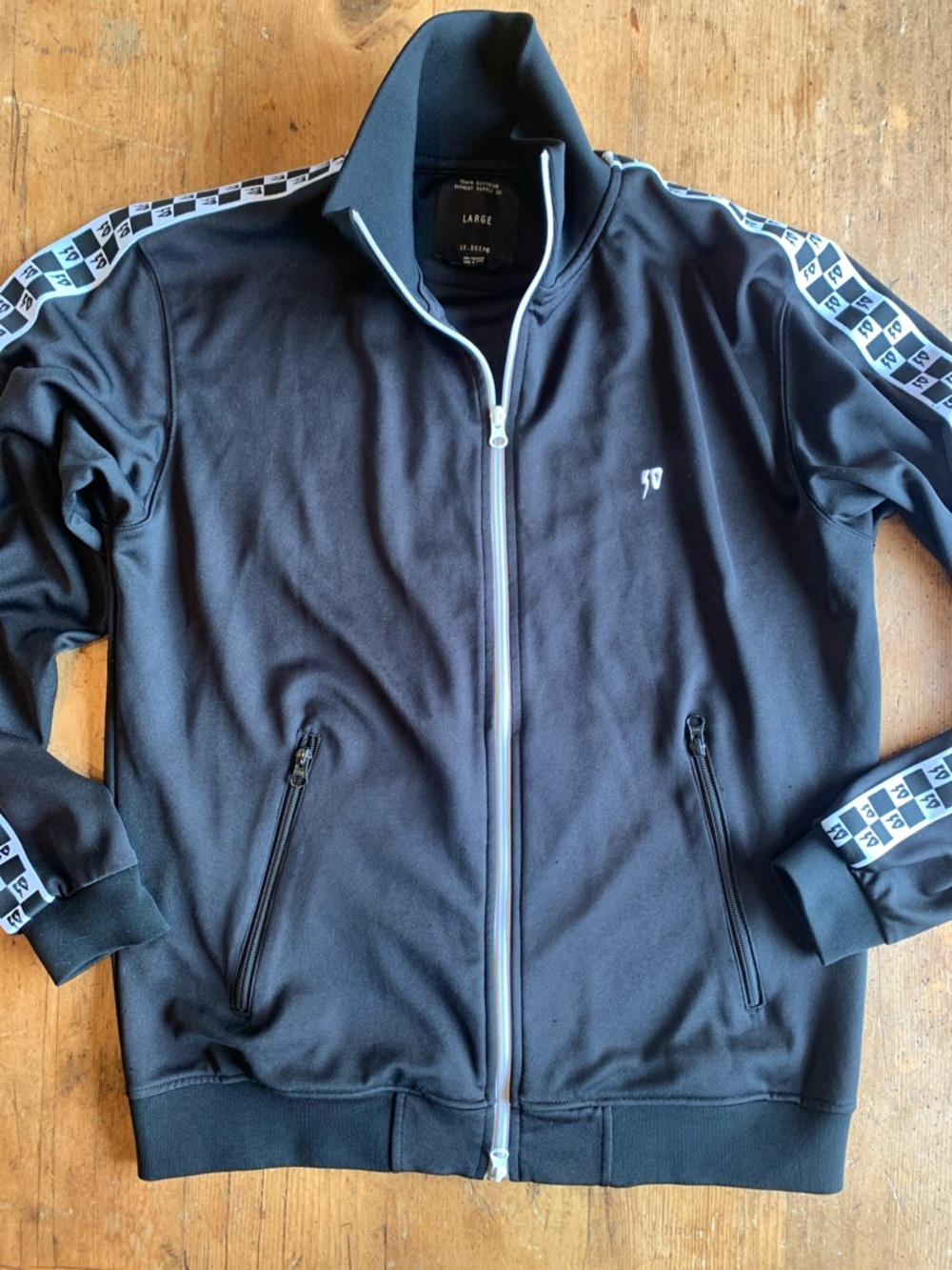10.Deep Black Track Bomber Jacket with White Accent Tape - Picture 9 of 16